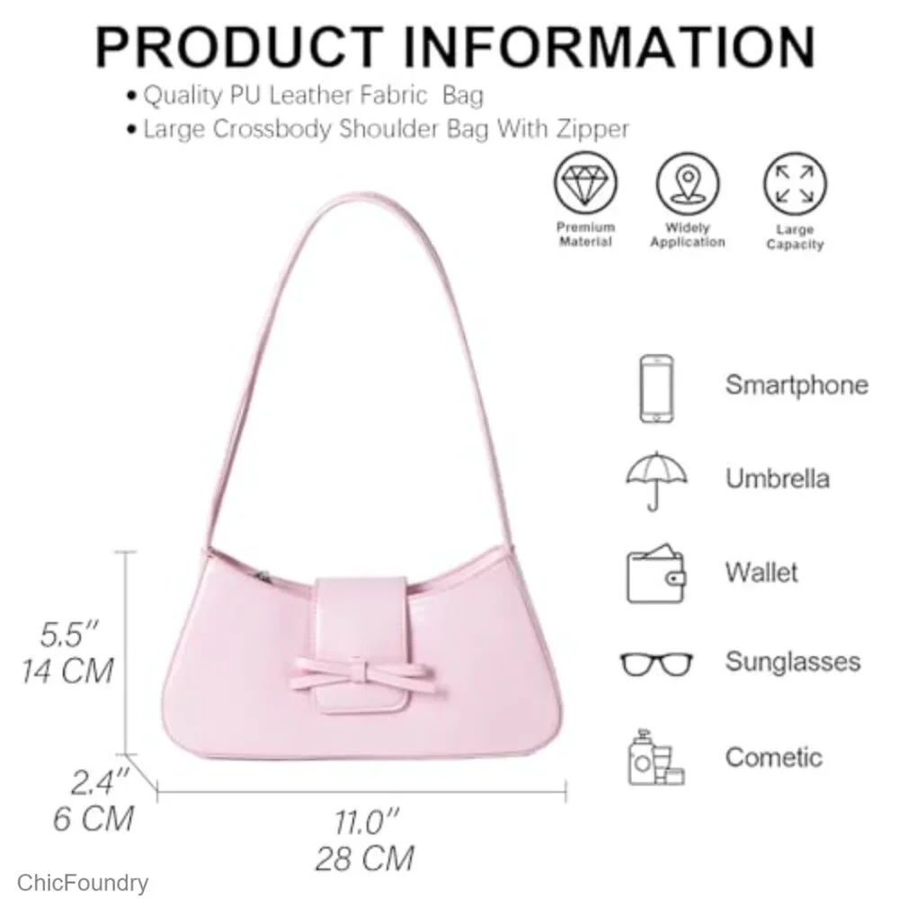 Patent Leather Hobo Shoulder Bag with Bow Detail, Zipper Closure